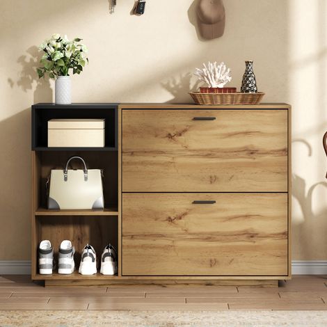 Meuble à chaussures 120 x 32 x 84,5 cm en MDF, avec 3 compartiments ouverts et 2 compartiments abattants, double meuble, charge maximale 50 kg, meuble d'entrée, buffet, coloris bois naturel et noir (1/5)