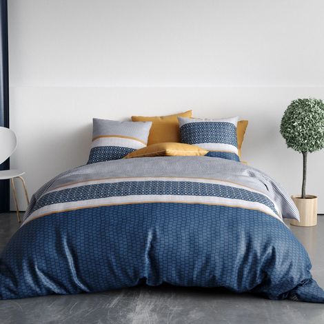 Parure housse de couette 260x240cm + 2 taies motif graphique bleu 100% coton - ZOELIA (1/4)