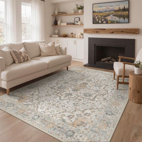 Tapis Salon Vintage 160x230cm Lavable en Machine Rug AntidéRapant Poil Ras, pour Chambre Salle a Manger Descente de Lit Bureau, Cuisine, Beige Mordoré Rétro (1/5)