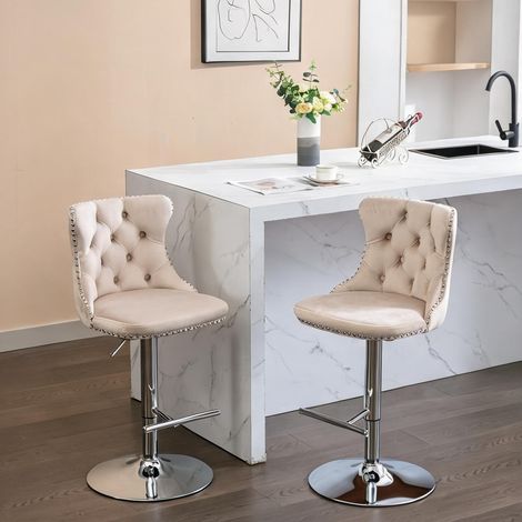 Tabourets de bar en velours beige réglables en hauteur lot de 2 (1/5)