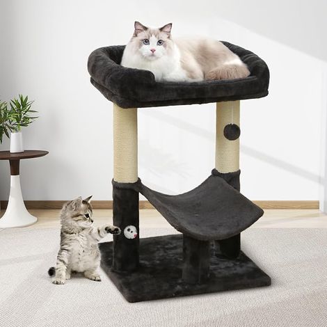 Albero per gatti a torre tiragraffi con tronco in sisal, superficie in peluche e piattaforma, nero