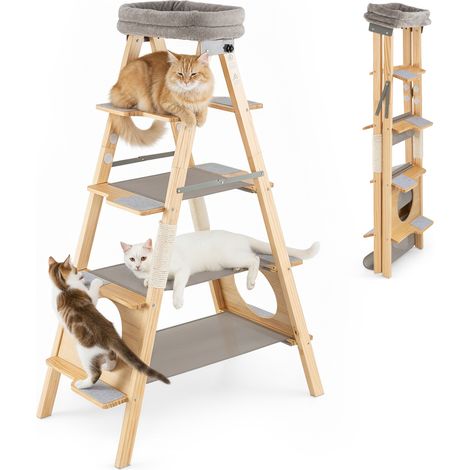 COSTWAY Modern Wooden Cat Tree Foldable Cat Climbing Furniture-Grey (1/5)