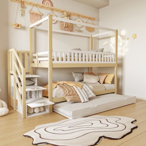 Litera de 90x200 cm, cama adicional con escalera de almacenamiento, forma de casa, barandilla, sin colchón, blanco y madera natural (1/5)