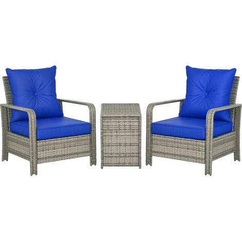 Outsunny 3 PCs PE Rattan Garden Sofa Set w/ 2 Chairs & Storage Table Blue