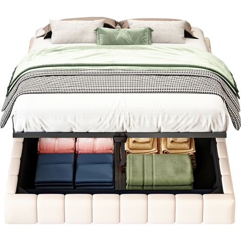 Lit coffre 140x200 cm flottant avec LED, structure métal, revêtement tissu beige, sans tête de lit, rangement hydraulique, au design moderne - CHICFURN (1/5)