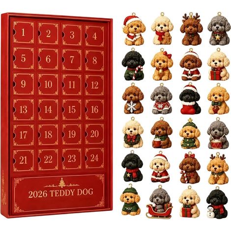 Hunde-Adventskalender 2026 – 24-teilig – cremefarben, braun, schwarz, rot, grün – Acryl – 28 x 20 cm – Teddyhund-Weihnachtsbaumschmuck-Set – Christbaumschmuck – geeignet für Weihnachtsfeiern und als D (1/5)
