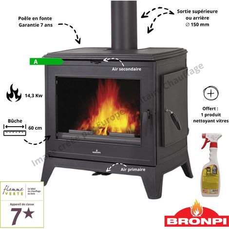 Bronpi – Poêle à bois 14,3 kW – Double combustion – Rendement 75 % – Chambre de combustion 550 x 367 x 360 mm – Sortie fumées adaptable 150 mm (1/5)