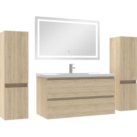 Ensemble meubles Salle de Bain 100cm simple vasque + colonne + miroir lumineux Chêne Wotan