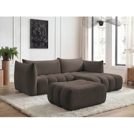BOBOCHIC - Canapé d'angle fixe AZRA tissu bouclette avec pouf Angle droit Marron (1/5)