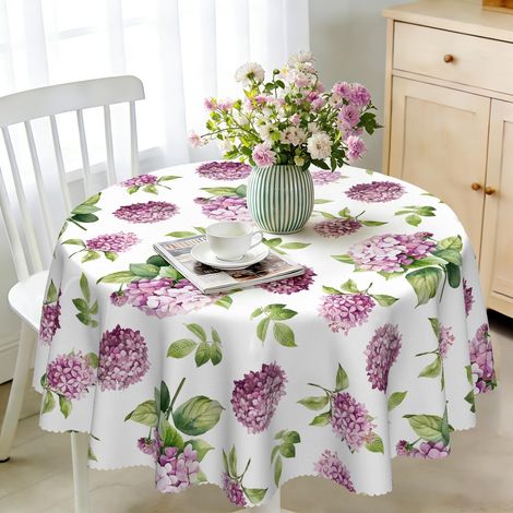 Nappe ronde, 140 cm, lavable, en polyester, motif floral hortensia, pour extérieur, jardin, cuisine, salle à manger, balcon, pour 4 à 6 personnes, imperméable et durable (1/5)