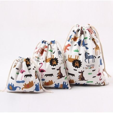 Sac Coton naturel Sachet Pochette en tissu Motif animal Sac cadeau 3 poches différentes tailles (1/4)