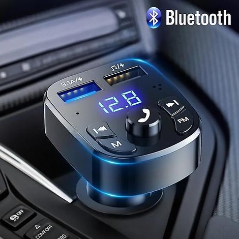 Kit mains libres Bluetooth 5.0 avec émetteur FM, lecteur MP3, haut-parleur et adaptateur audio pour voiture, chargeur rapide USB. (1/5)