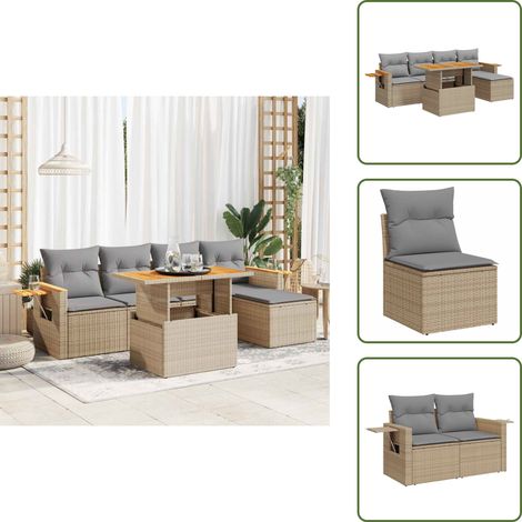 6-tlg. Garten-Sofagarnitur mit Kissen Beige Poly Rattan Akazie - Garten Sofagarnitur - Garten Sofagarnituren - Outdoor Sofagarnitur - Sofagarnitur Terrasse (1/5)