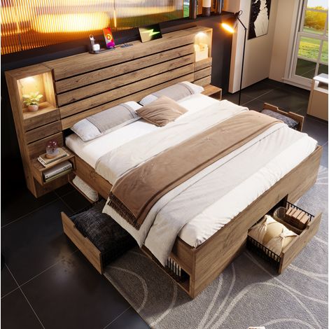 Doppelbett 180x200 cm Eiche Holz mit LED-Downlights, USB-C und Stauraum (1/5)