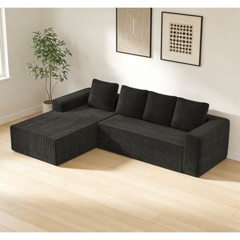 Canapé d'angle réversible 3 places noir – Dimensions 261×145×58cm – tissu velours côtelé – Pas de Montage nécessaire (1/5)