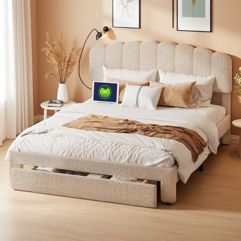 Cama 160x200 cm con cabecero ajustable - puertos USB y Type-C - gran cajón en los pies - somier de lamas - tela de terciopelo - ideal para adultos - adolescentes y niños - Beige