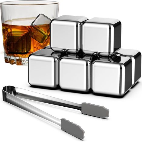 Cubetti di ghiaccio in acciaio inossidabile, 8 cubetti di ghiaccio riutilizzabili per uso alimentare con clip, pietra per whisky, raffreddamento rapido, per whisky, vino, succo o limonata (1/5)