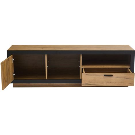 Meuble TV LED avec éclairage RGB, 160x40x50 cm, bois panneau aggloméré et verre trempé noir et chêne, pour TV jusqu'à 70 pouces (1/5)
