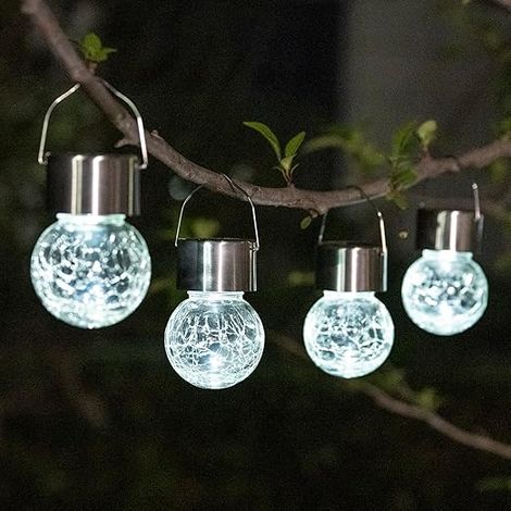 Lot de 4 Lanternes Solaires LED Globe Verre Craquelé Blanc avec Poignée – Éclairage Extérieur Jardin Terrasse Cour