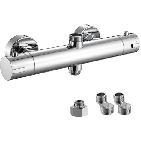 Thermostatic Shower Mixer Bar Two Outlet, Wall Mounted Shower Mixer Tap,Anti-Scald, with TOP 3/4" and Bottom 1/2" BSP, Chrome,Silver