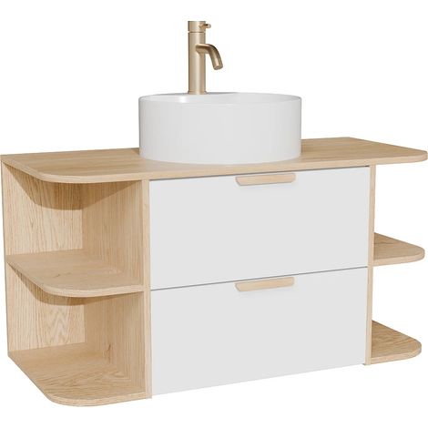 Mobile bagno sospeso con nicchie, lavabo da appoggio rotondo e rubinetto Bianco e naturale chiaro L100 cm – AVORELI (1/5)