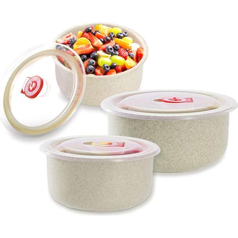 récipient de soupe, bol de récipients alimentaires, Ensemble de 3 bols frais écologiques en paille de blé et en plastique, bol frais dune capacité de avec couvercle(beige)