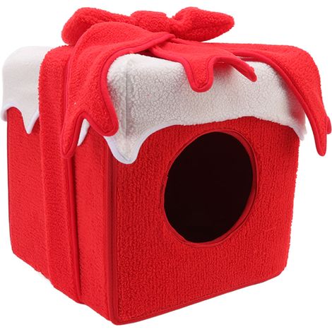 Lit de Noël pour Chat en Forme de Boîte Douce et Confortable, Tente de Noël pour Chat avec Couleurs Vives, Rouge (1/5)