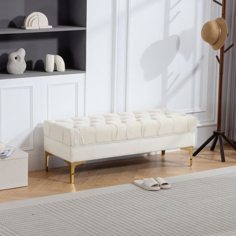 Banc banquette capitonnée bout de lit style classique chic dim. 118L x 45l x 42H cm piètement métal doré velours beige (1/5)