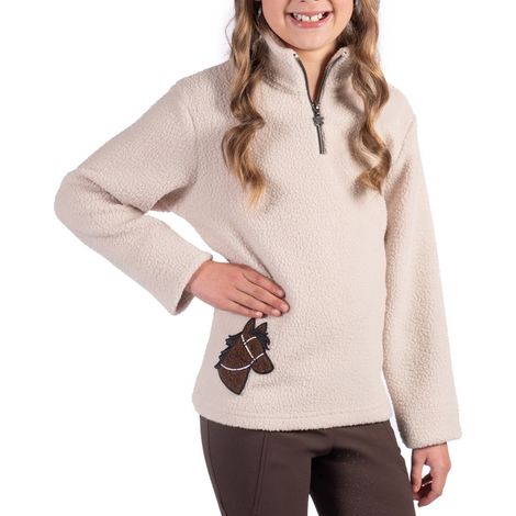 8/9 anni, beige: Maglione a collo altovin pile teddy da equitazione per bambini con stampa cavallino modello Mia