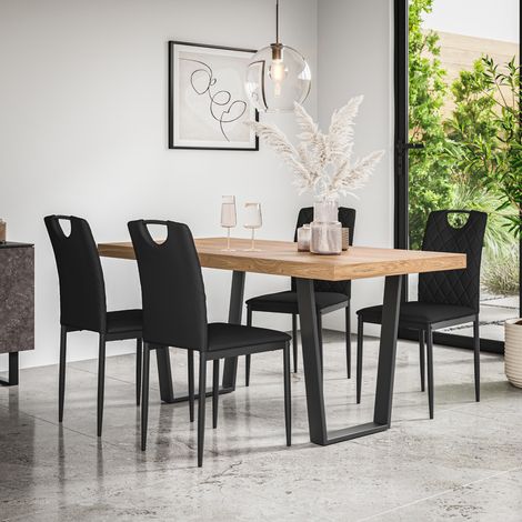 Aria Dining Table And Chairs - Oak Effect Table Top w Black Legs + Monza Faux Leather Dining Chair Set Of 4 (Black) (1/5)