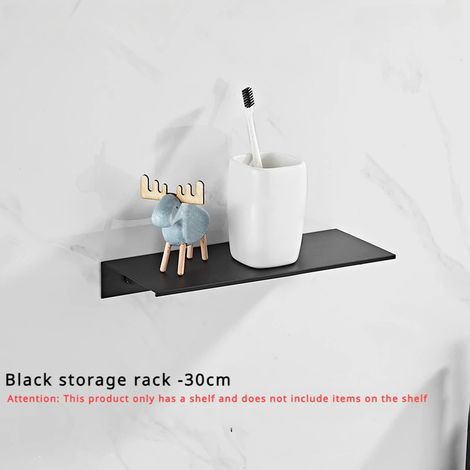 (noir 30 cm) Étagère murale minimaliste noire monobloc en aluminium, support pour miroir de salle de bain, fixation murale pour WC et douche. (1/5)