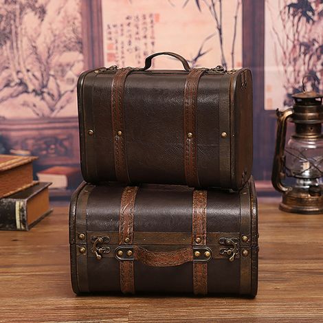Valise vintage en bois et cuir, boîte de rangement antique, bagage décoratif pour accessoires de photographie et décoration intérieure (1/3)