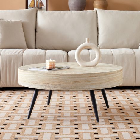 Table ronde de salon 70 cm diamètre, plateau MDF imitation travertin bois clair, pieds métal noir. Design minimaliste pour petit espace et séjour. (1/5)
