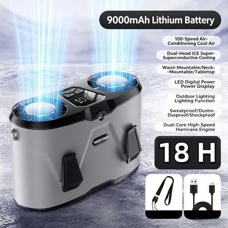 Doppel-Motor Gürtelventilator, Ice Kühlfunktion, USB wiederaufladbar, Clip Befestigung, tragbar für Outdoor Aktivitäten (1/5)