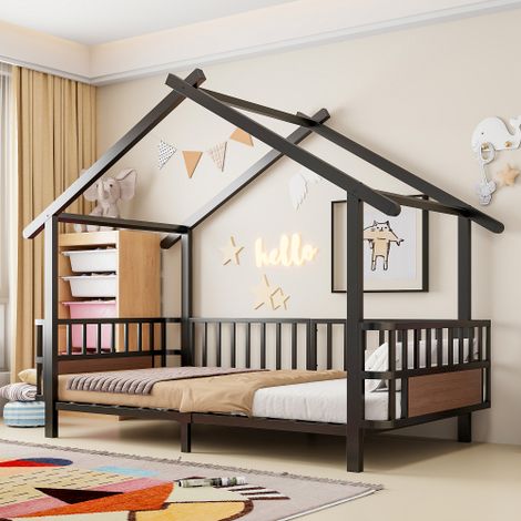 Letto per bambini in metallo a forma di casetta, 90 x 200 cm, con sponda di sicurezza, tetto decorativo e cornice decorativa, per bambini e bambine, nero. (1/5)