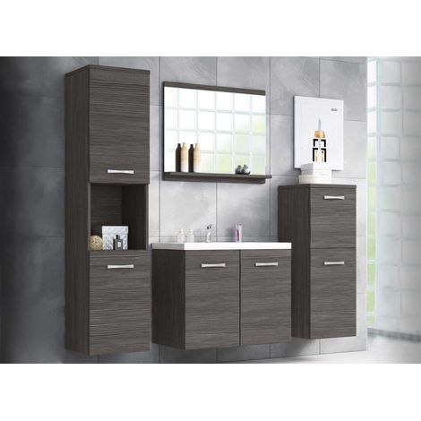 Deco In Paris – Ensemble meubles salle de bain wengé ALBY – Meuble vasque 60 cm avec rangement – Colonne haute 132.8 cm – Miroir design 60 cm