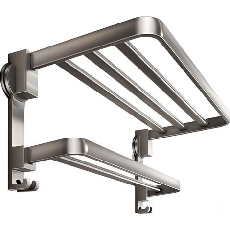 Porte-serviettes en aluminium spatial pour salle de bain, sans perçage, avec serviette grise (1/2)