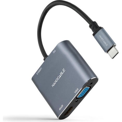 Adaptador USB-C a VGA/HDMI NANOCABLE 10.16.4304 Gris 4K Ultra HD (1/4)