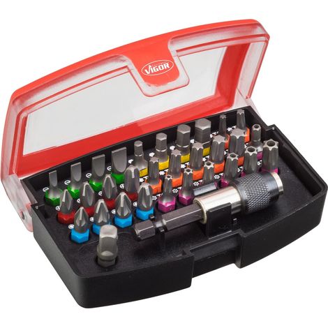 VIGOR Bit Box, 1/4 (6,3 mm) Sechskant massiv, Schlitz Profil, Innen Sechskant Profil, Kreuzschlitz Profil PH, Pozidriv Profil PZ, Innen TX Profil, Ta