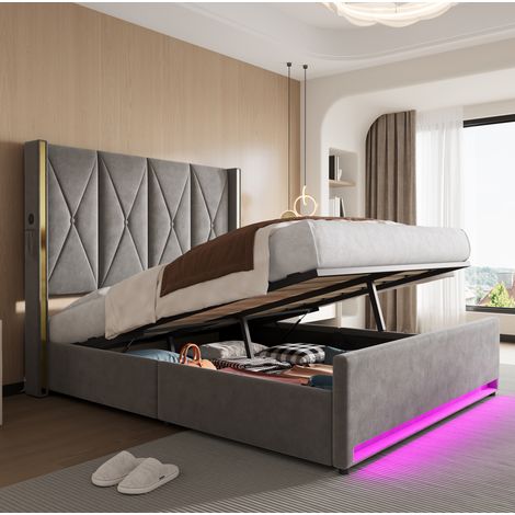 lit adulte coffre USB LED 160x200 velours gris OKMYHOME (1/5)