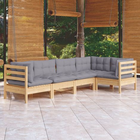 Salon de jardin 5 pcs Ensemble Table et Chaise de Jardin - avec coussins gris Bois de pin BV613288 - BonneVie (1/5)