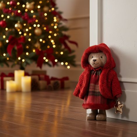 Orso con cappuccio rosso in piedi per decorazioni natalizie da h 40 cm (1/4)