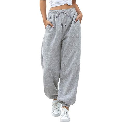Pantalon de jogging femme, coupe ample, sweat à cordon de serrage, pantalon décontracté avec poches et ceinture élastique, gris, taille M (1/5)