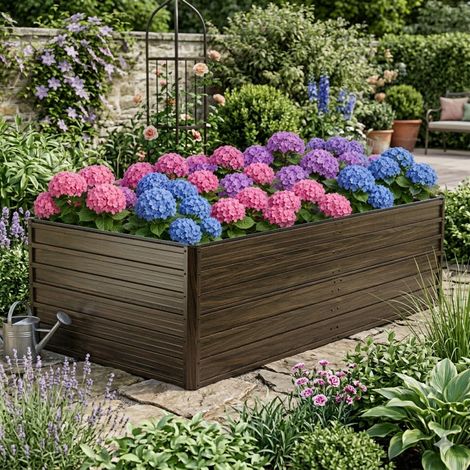 Carré potager avec fond ouvert, finition effet bois, résistant aux intempéries, en métal, 219x112x64 cm