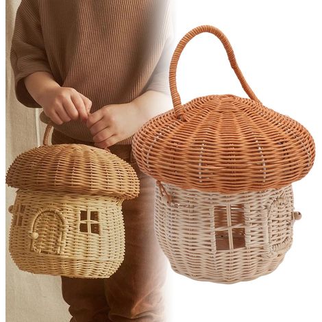 Panier champignon en rotin fait main, digne d'Instagram, joli objet de rangement pour bureau, décoration, jouet, vêtement pour enfants, accessoire de photographie. (1/5)