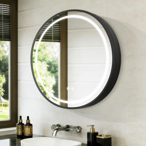 Armoire miroir ronde avec lumière, cadre en aluminium, 3 couleurs de température et variateur, prise USB pour rasoir, débuée, 71 cm, noir (1/5)