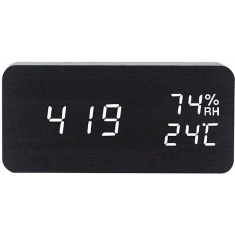 Numérique Réveil Bois Réglable Luminosité Contrôle Vocal LED Horloge Rectangle Affichage Temps Température Décor À La Maison,Noir (1/4)