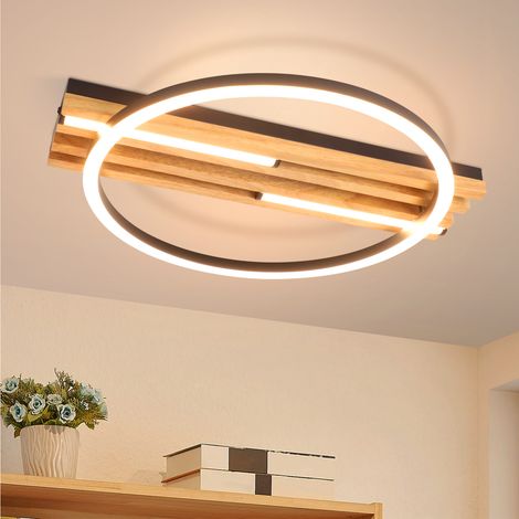 GBLY LED Deckenleuchte Holz 38cm 24W 3000K Schwarz Runde Warmweiß Design für Küche Wohnzimmer Flur Büro Esszimmer