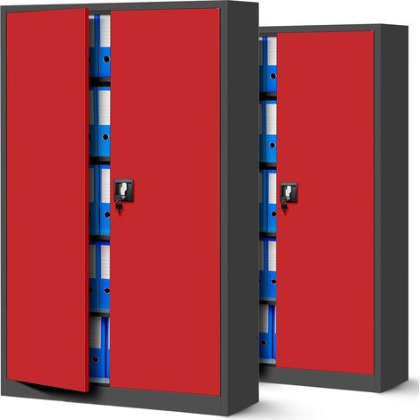 2er Set Aktenschrank XXL C001II Büroschrank Metallschrank Flügeltüren Stahlblech Pulverbeschichtung 185 cm x 115 cm x 40 cm (anthrazit/rot) (1/5)