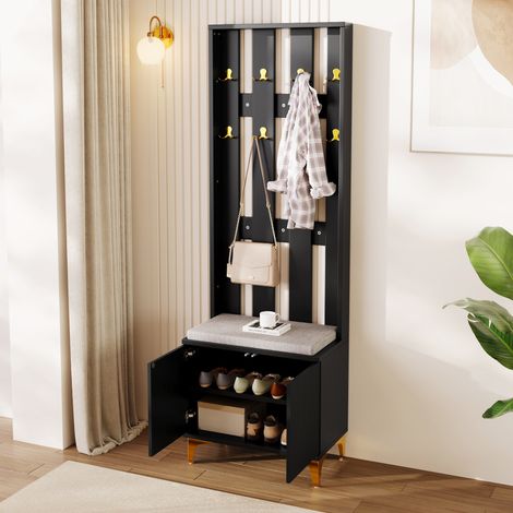 Appendiabiti ingresso 60,5x35,2x180,5 cm con 2 ante e 8 ganci, con panca porta scarpe, pannello truciolare, nero